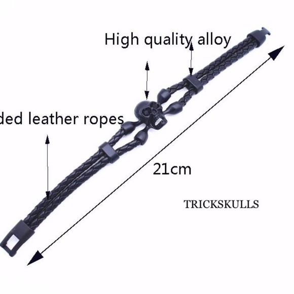 Womens Steel & Leather BLACK Braided Skull & Crossbones Cuff Bracelet 8 1/4” in - Picture 6 of 10